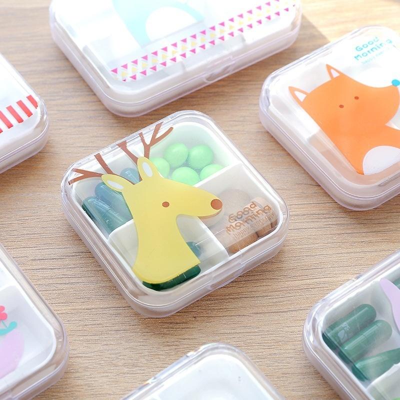 Moisture-proof Creative Cartoon Animal Pattern Cute 4 Compartment Pill Storage Case Medicine Drug Bo