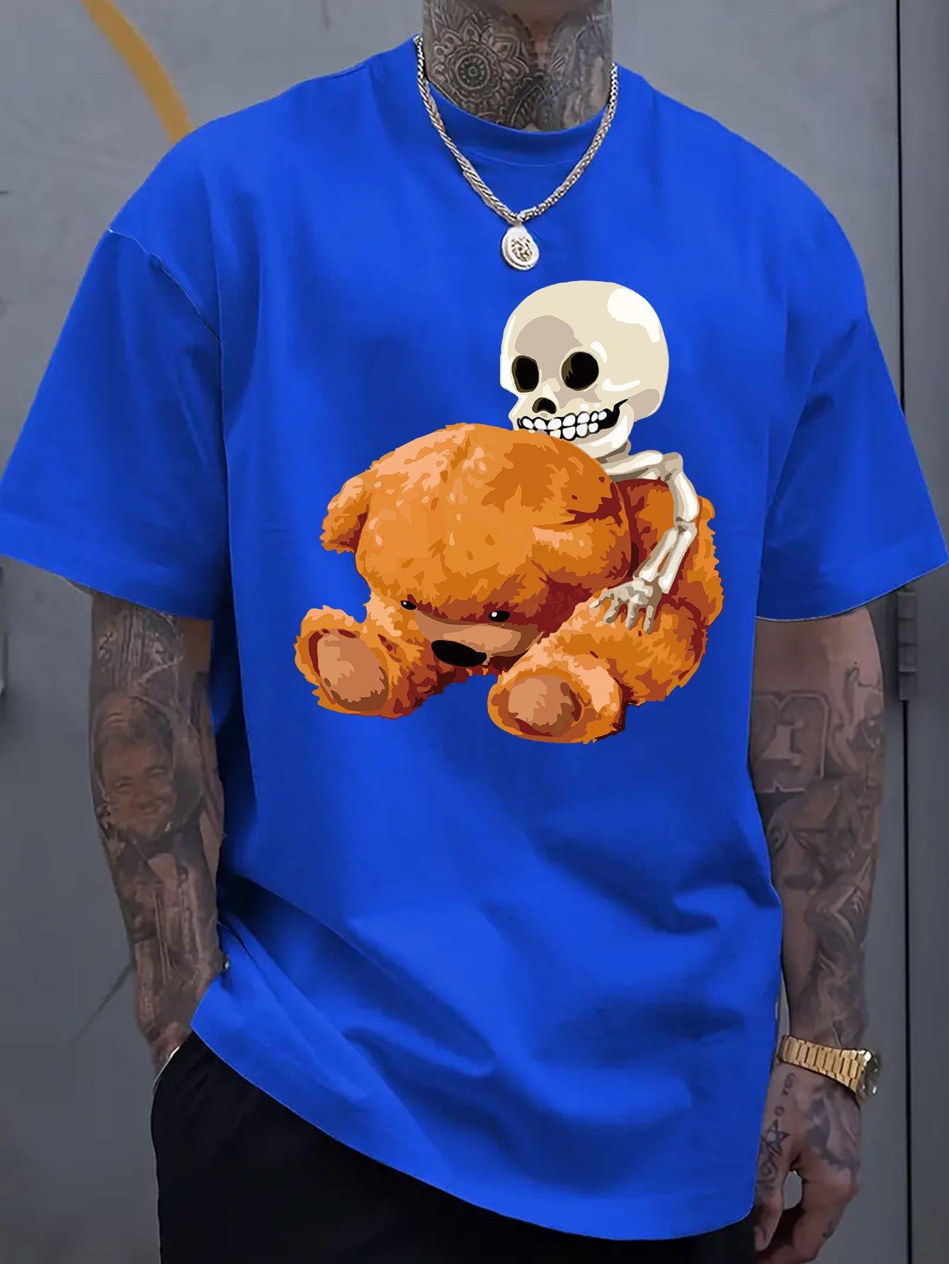 

Skeleton Teddy Bear Graphic Print Short-Sleeve Luxury Cotton T-Shirt Summer Unisex Men Women Casual Loose Fashion Clothing 4XL