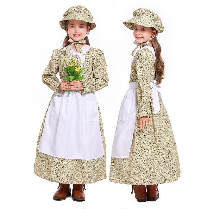 Kids Girls Drama Colonies Pastoral Farm Maid Floral Dress Apron Hat Set Halloween Cosplay Costumes Role Play Outfit