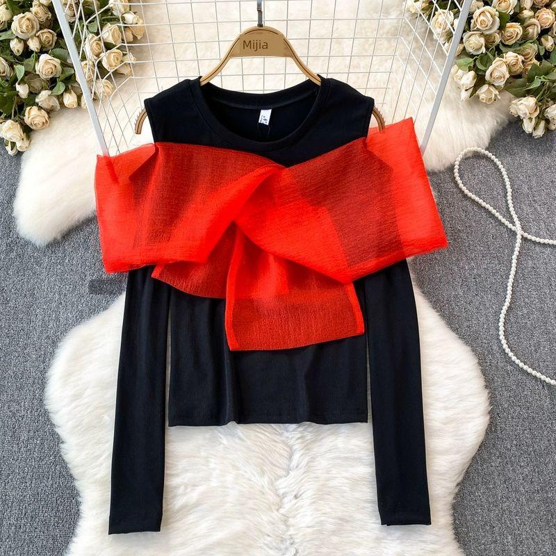 

Off-the-Shoulder Spring and Autumn Bows Patchwork Casual Mesh Red All yards