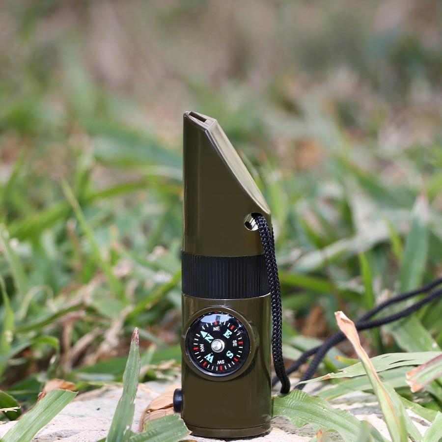 1Pc Outdoor Camping 7-in-1 Multifunctional Survival Whistle with Flashlight, Thermometer, and Compass