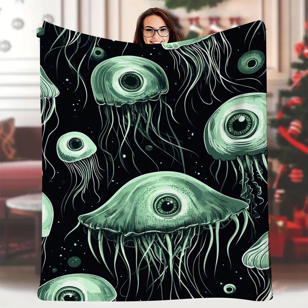 

1pc 60x80 Inch Single-Sided Printed Blanket - Green Jellyfish Eyes & Tentacles Seamless Pattern, Dark Starry Background 70x100cm28x39in