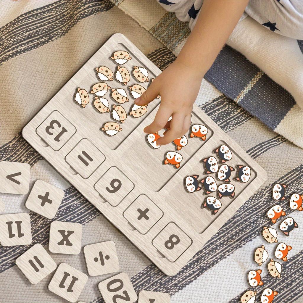 Set Tavă Tablă Matematică Aritmetică din Lemn Blocuri Numerice & Animale de Numărat Joc de Societate Jucărie Educațională Timpurie Grădiniță pentru Copii Mici