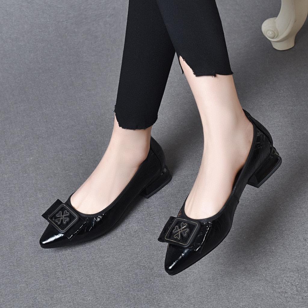 Pointed Flat Shoes Single Shoes Women's Spring Soft Sole Soft Surface Square Buckle Flower Shallow Mouth Low Heel Elastic Band