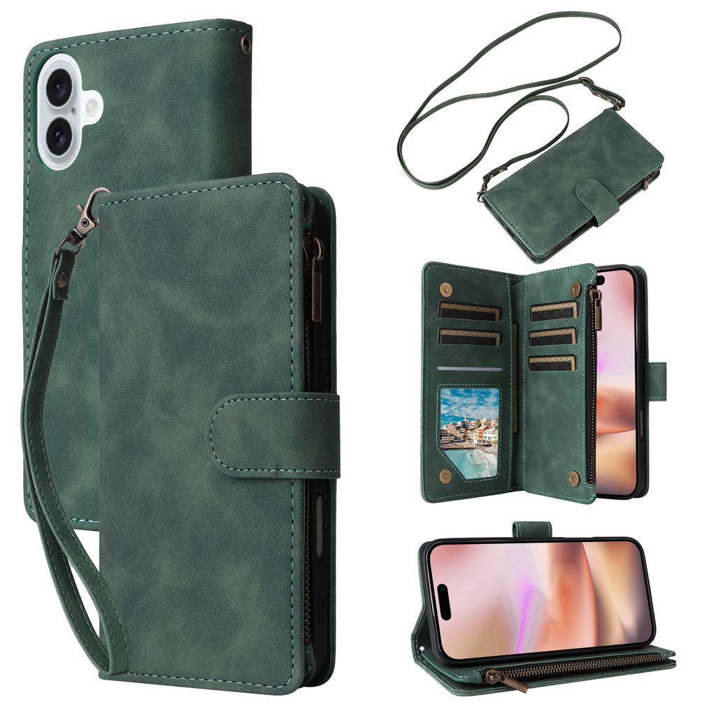 For iPhone 16 Plus Case Zipper Pocket PU Leather Wallet Phone Stand Cover with Strap