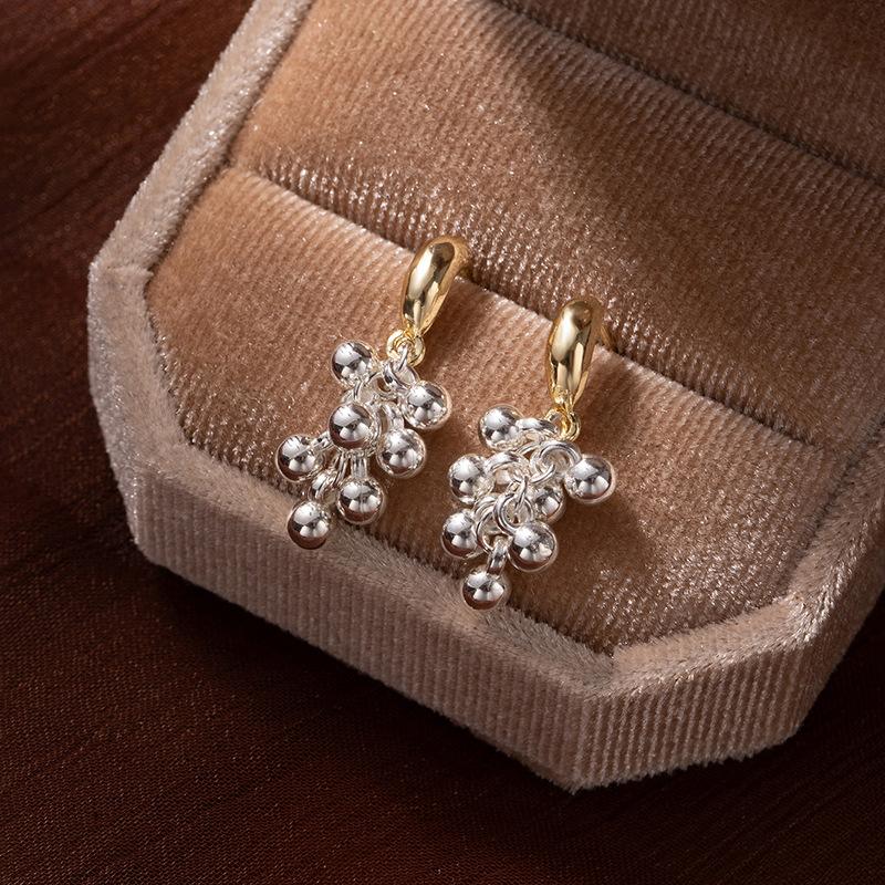 Gold And Silver Contrasting Color Bead String Earrings Temperament Grape String Earrings Niche High-End Earrings Show Face Thin Earrings Women
