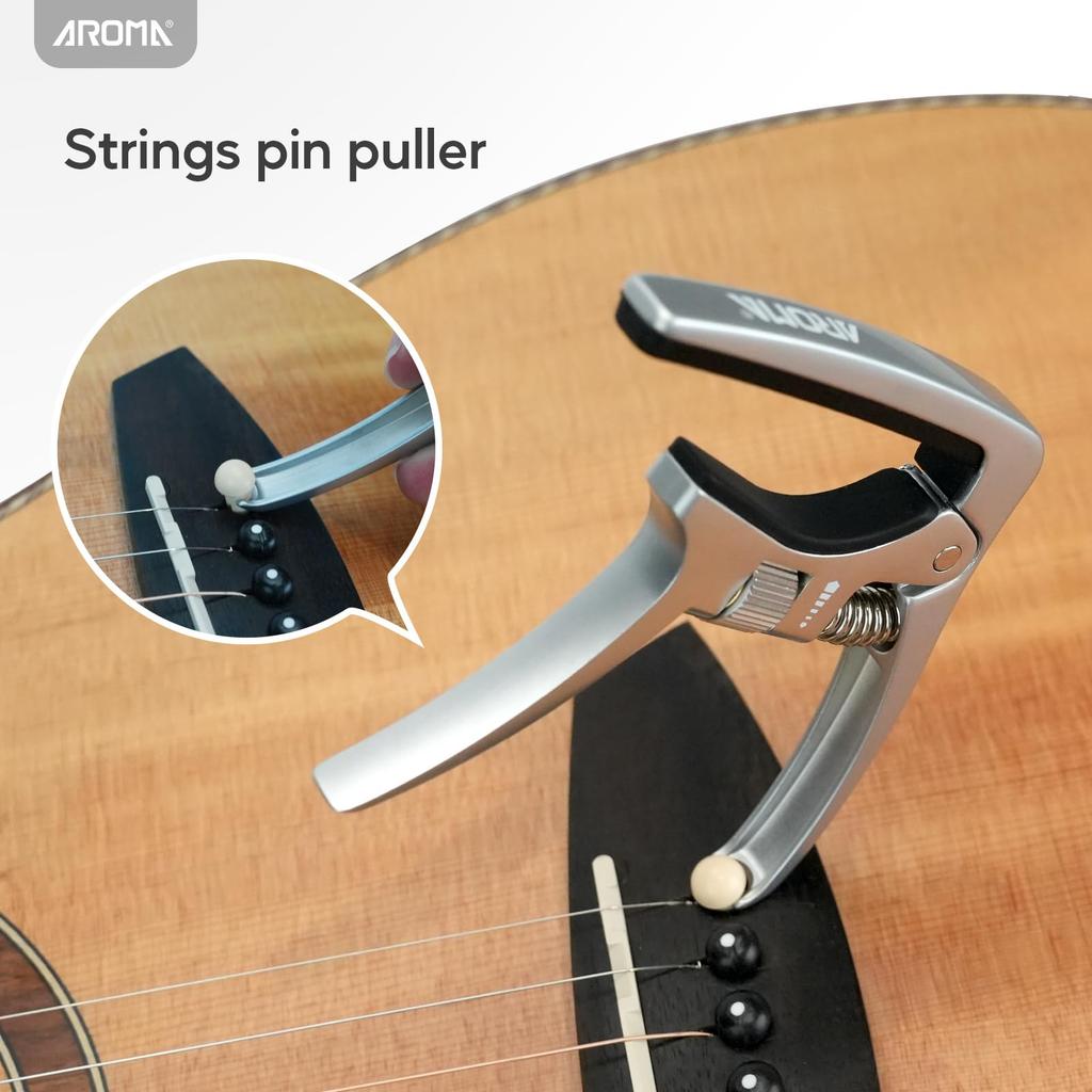 Aroma Professional Guitar Capo with Quick Trigger Adjustable and Bridge Pin Puller for Acoustic and Electric Guitars Change, Operation, Tension,