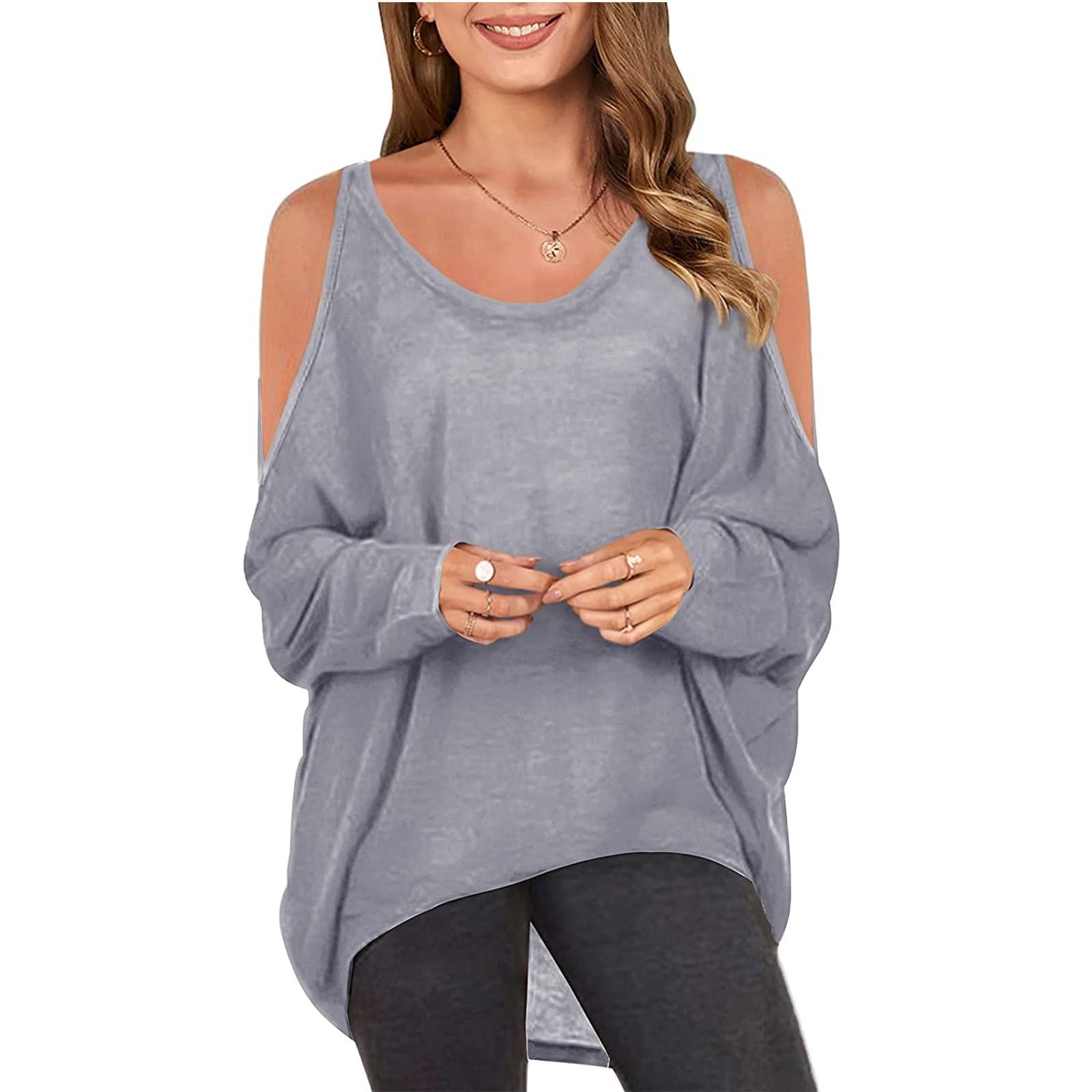 

Женские летние топы, повседневные рубашки, негабаритная мешковатая футболка с длинными рукавами и открытыми плечами M серый