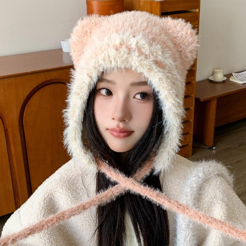 Female autumn and winter cute bear ears plush hat warm windproof cycling ear protection contrasting knitted wool hat