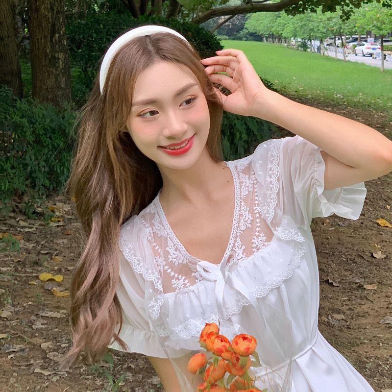 Gentle Dress for Women In Summer Japanese Soft Girl Sweet Bow Round Neck Mesh Short Sleeve White Midi Skirt