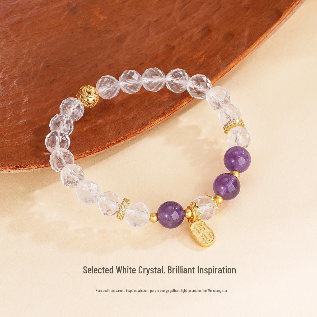 Tichiya Real Shot Natural White Crystal & Amethyst Beaded Bracelet, S925 Sterling Silver, Women s High-End Jewelry. 925 Sterling Silver