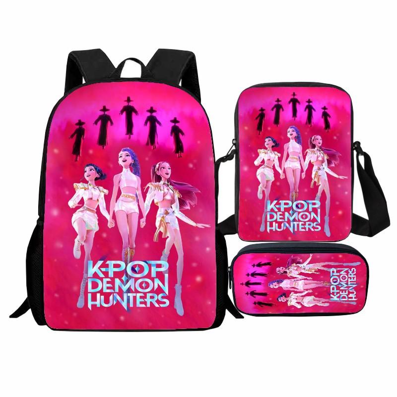Printed Witch Hunters Student Schoolbag Three-Piece Set, Cartoon K-Pop Backpack Satchel Pencil Case Men And Women