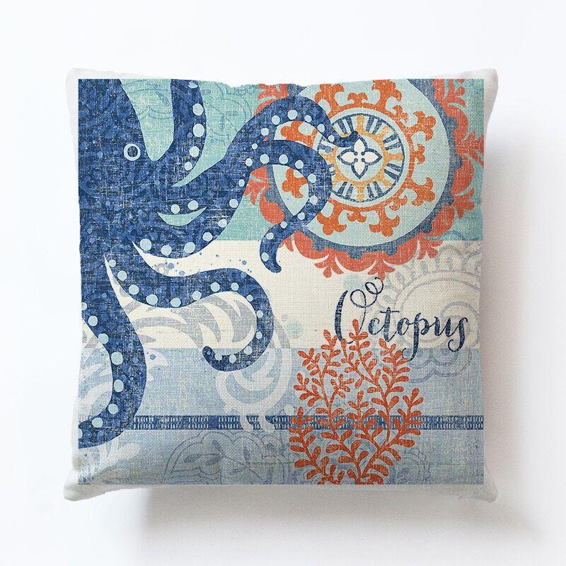 Marine Creatures Sea Horse Turtle Whale Octopus Linen Cushion Cover Pillow Cover