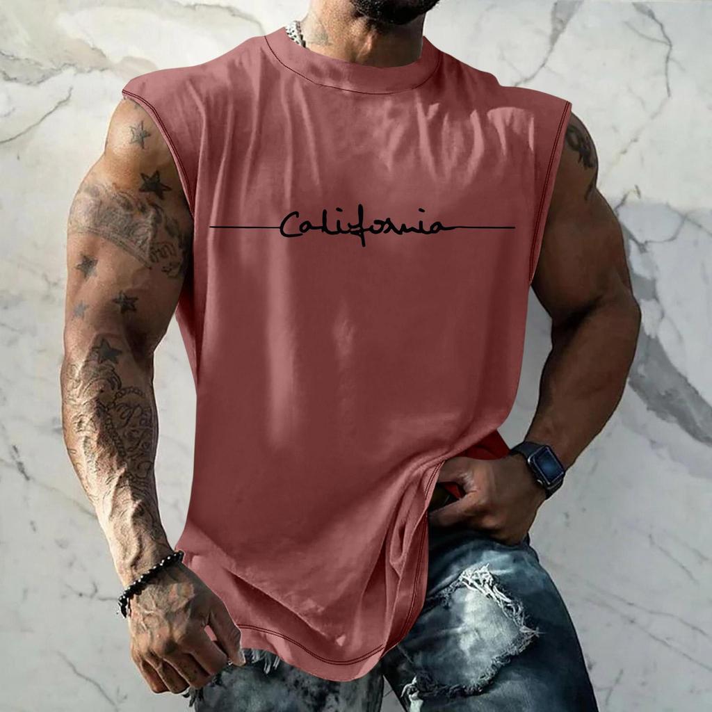 Men's Casual Loose Fit Sleeveless T Shirt Muscle Tank Top with California Letter Print for Summer Outdoor Activities