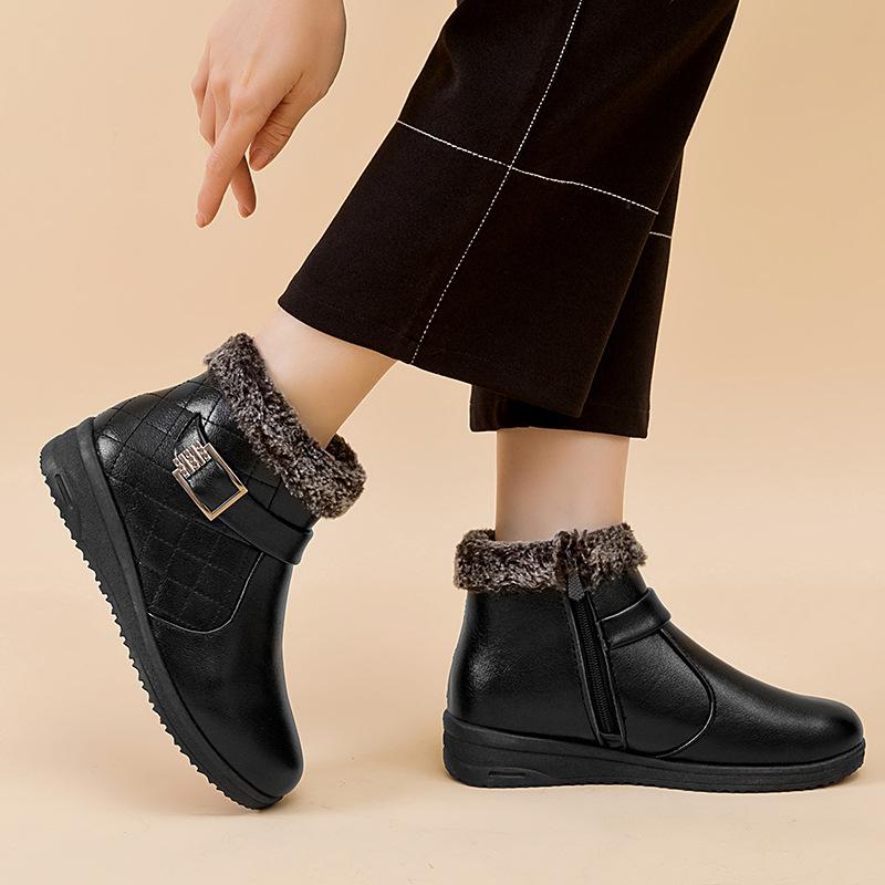 Heiß verkaufende Damen-Kurzstiefel aus weichem Leder, wasserdicht, lässig, rutschfest, bequem, für ältere Frauen, mit Baumwollplüsch