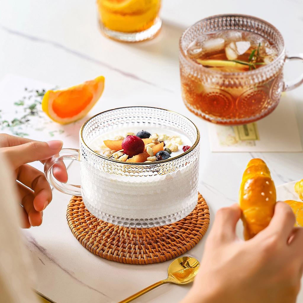 14oz Vintage Glass Coffee Mugs With Lids And Spoons, Green Embossed Drinking Glasses For Iced Coffee, Tea, - Cute Coffee Bar Accessories