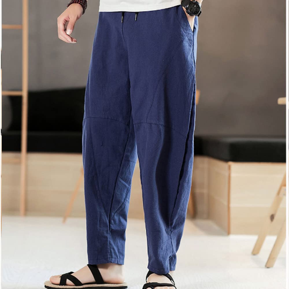 [Aaronlive] Men's Linen Sarouel Pants, Plain, Popular Casual Pants, Adjustable Drawstring, Plus Sizes, Wide Leg Pants, Relaxed Fit, All Seasons (Sprin
