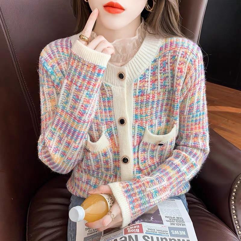 Korean Rainbow Autumn Vintage Loose Striped Knitted Cardigan Sweater Women Classic Tide Mixed Color Single Breasted Pockets Tops