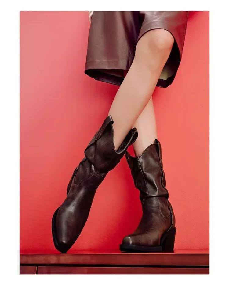 

Классические повседневные женские сапоги 2024 весна и осень модные средней длины сапоги-рыцари остроносые на толстом высоком каблуке короткие сапоги 40 темно-коричневого