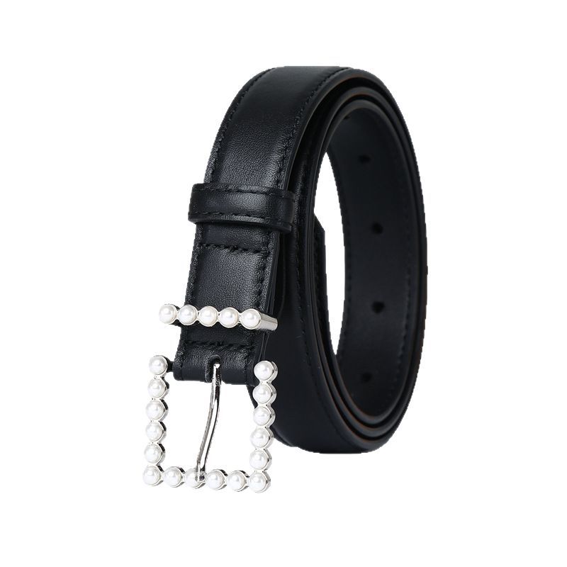 2.4Cm Wide Leather First Layer Cowhide Belt Women'S Versatile Pearl Button Head Fashion Trend Casual Pants Belt Women'S