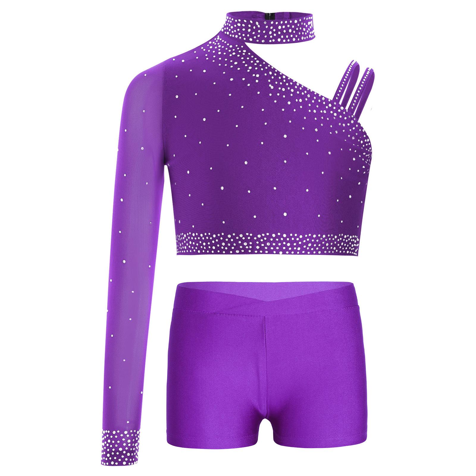 Top da ballo scintillante da ragazza Top corto con spalla irregolare Scollo a V Fascia in vita Pantaloncini Strass Costume di scena 5-6 Years violetto