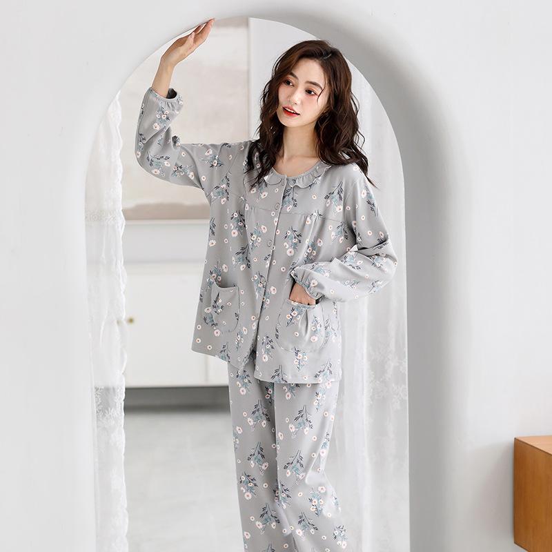 Pajamas Women'S Autumn Pure Cotton Long-Sleeved Crew Neck Cardigan Loungewear Medium Cotton Spring And Autumn Can Be Worn Outside Loungewear