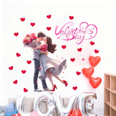 Cartoon Romantic Hugging Couple with Hearts Wall Sticker Self-Adhesive Removable for Bedroom Living Room Home Decor