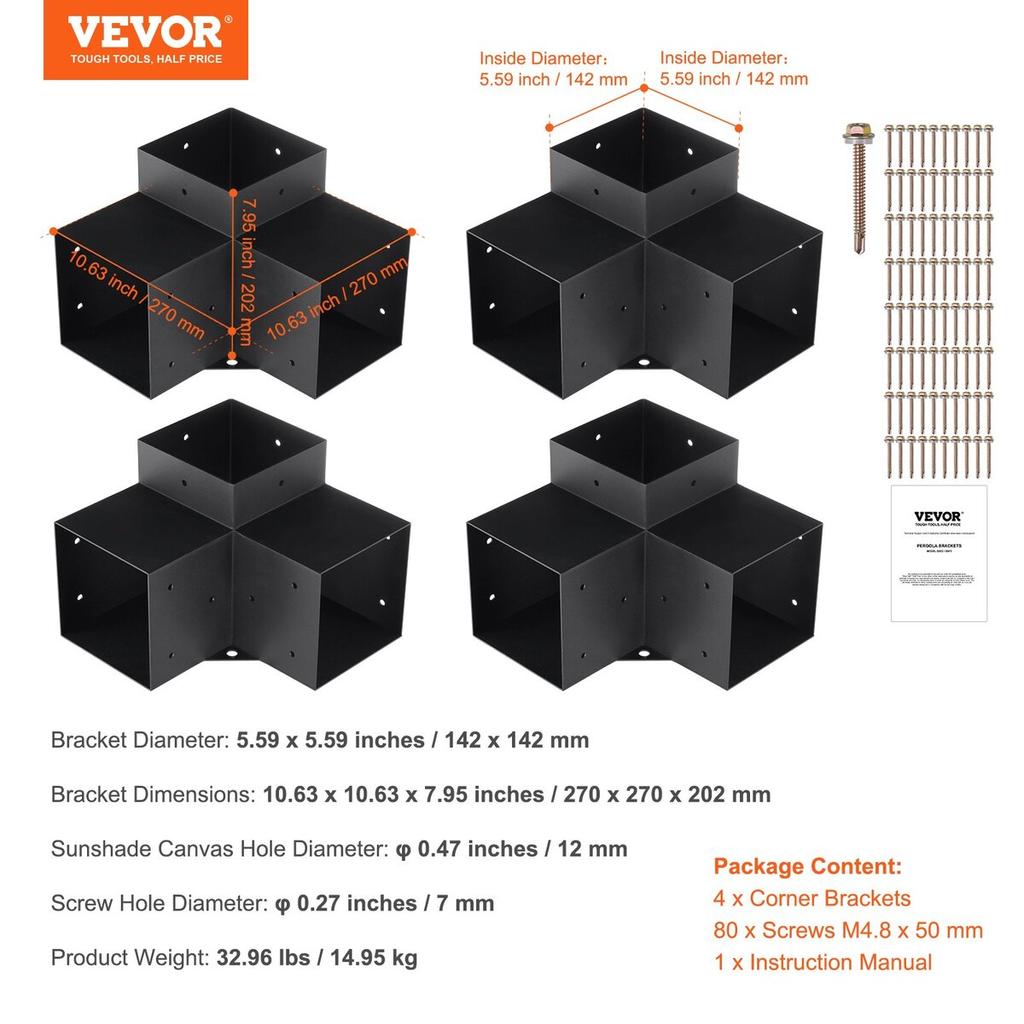 Pergola Bracket Kit 6''x6'', Inner Size 5.6"x5.6 4pcs 3-Way Heavy Duty Corner Bracket Woodworks DIY Post Base Kit, Easy Installation Wooden Beams for