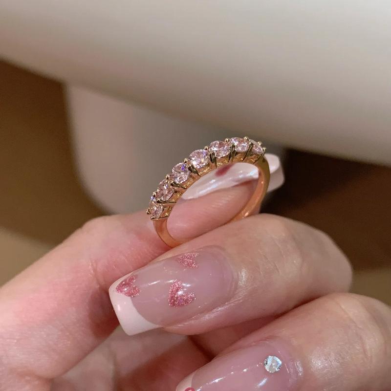 Pink Stylish Sakura Half Circle Zirconia Ring For Women Adjustable Geometry Copper