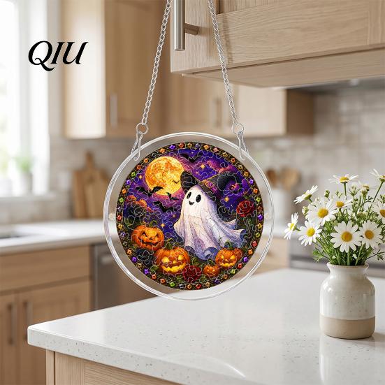 Acrylic Suncatcher Jigsaw Puzzle Suncatcher, Stained Glass Style Halloween Skeleton Ghost Relaxing Gift Sun Catcher for Gothic Window Wall Hanging