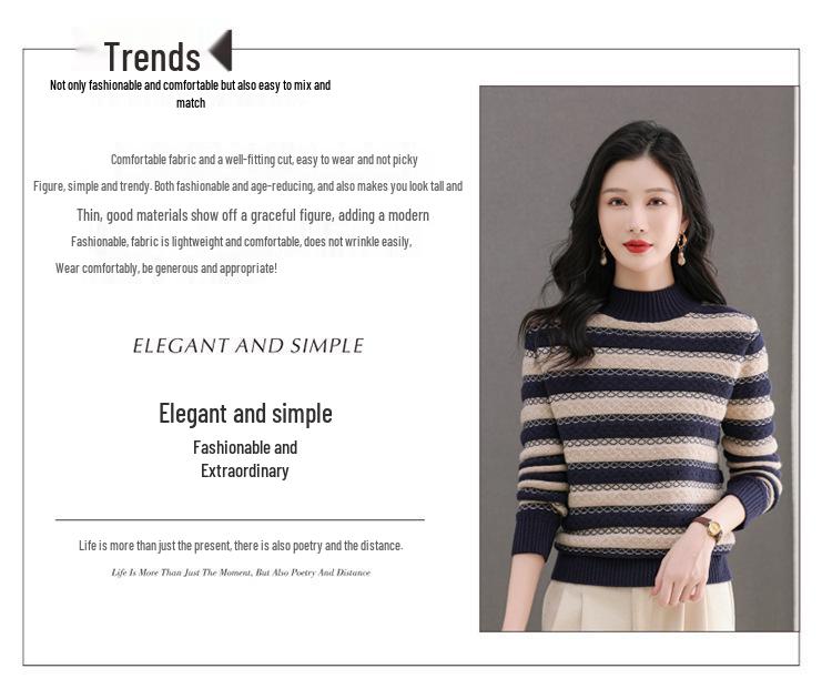 Wool Color Block Knit Sweater - Women's 2023 Autumn/Winter Slimming Half-High Neck