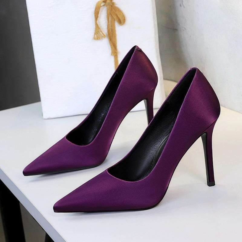 

Elegant Pointed Toe Party Dress Women Pumps Slip on Shallow Silk Fabric Concise Design Autumn High Heels Shoes for Ladies 40 фіолетовий