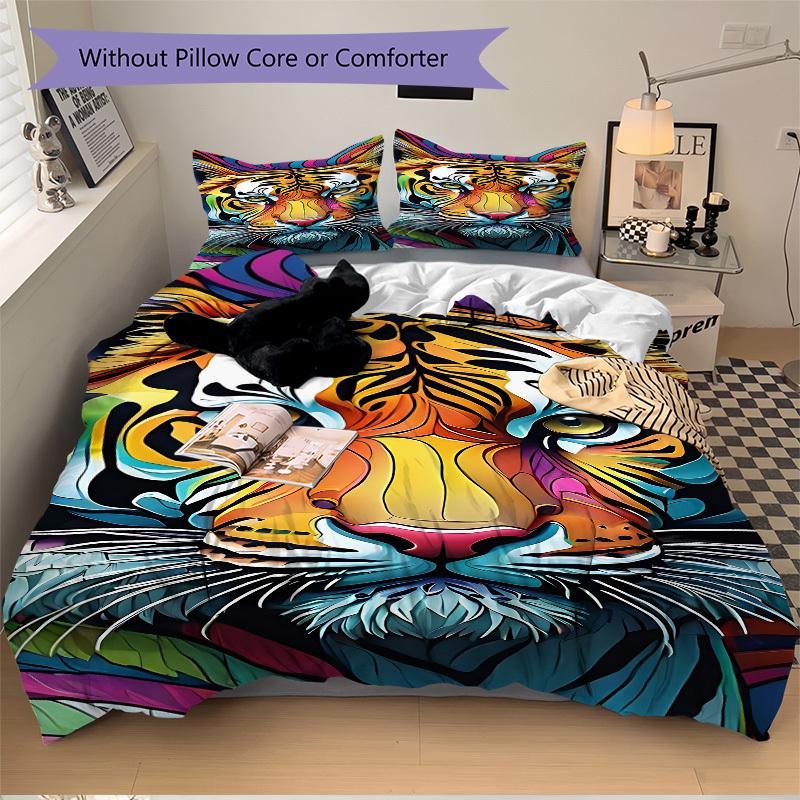 3pcs Tiger Print Duvet Cover Set, Cover For Bedroom Guest Room (1 Duvet Cover + 2 Pillowcase, Without Quilt),  Yy250922136