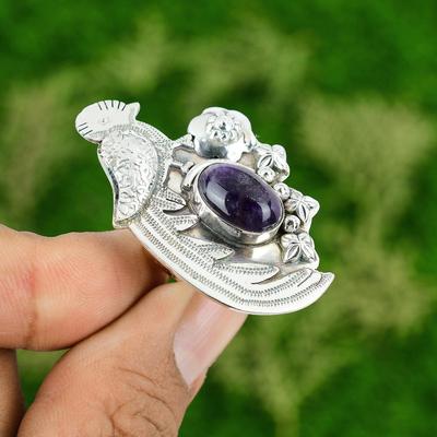 Natürlicher Chevron-Amethyst Edelstein Stapelbarer Vogel Verstellbarer Ring 925 Silber