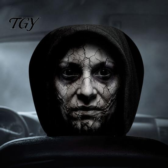 Funny Prank Car Accessories 2Pcs Ghost Face Headrest Covers, Halloween Horror Seat Decorations, Holiday Atmosphere Decor Universal Fit