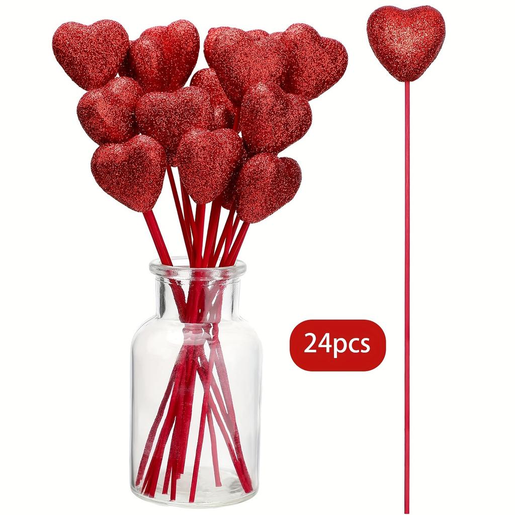 24pcs,Foam Hearts Picks, Glitter Heart Picks Puffy Heart Topper For Valentine's Wedding Decorations And Flower Arrangements