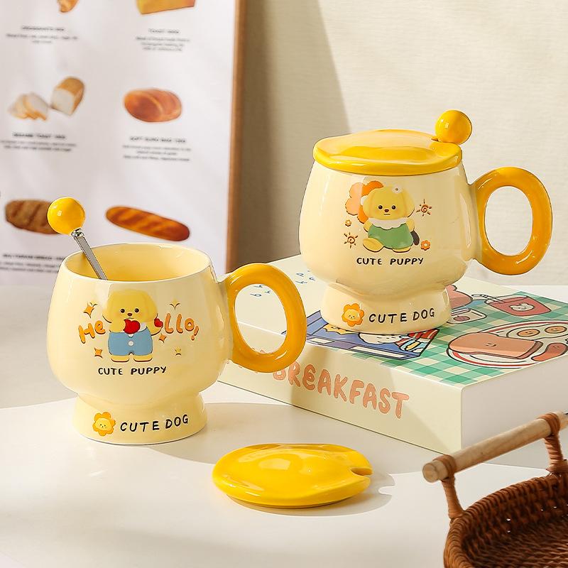 Cană de desene animate cu capac și linguriță, cană ceramică drăguță pentru fete cu aspect deosebit, cană pentru apă pentru acasă, cană pentru cafea, cană pentru micul dejun pentru copii