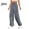 Loose Leg Trousers Women Cargo Pants Elastic High Waist Adjustable Drawstring Long Wide-leg with Multi Pockets Wide Design Solid Color Casual