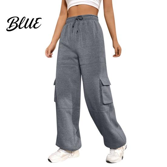 Loose Leg Trousers Women Cargo Pants Elastic High Waist Adjustable Drawstring Long Wide-leg with Multi Pockets Wide Design Solid Color Casual
