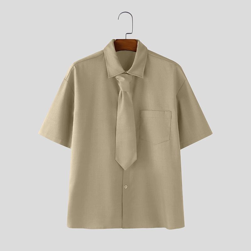 

INCERUN Oversized Men Tie Lapel Neck Short Sleeve Casual Office Shirts Tops 2XL хаки