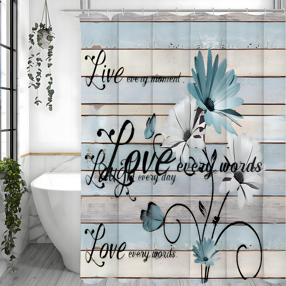 Blue White Daisy Butterfly Wood Panel Quote Shower Curtain, Bathroom Decorative Shower Curtain, Waterproof Shower Curtain with H
