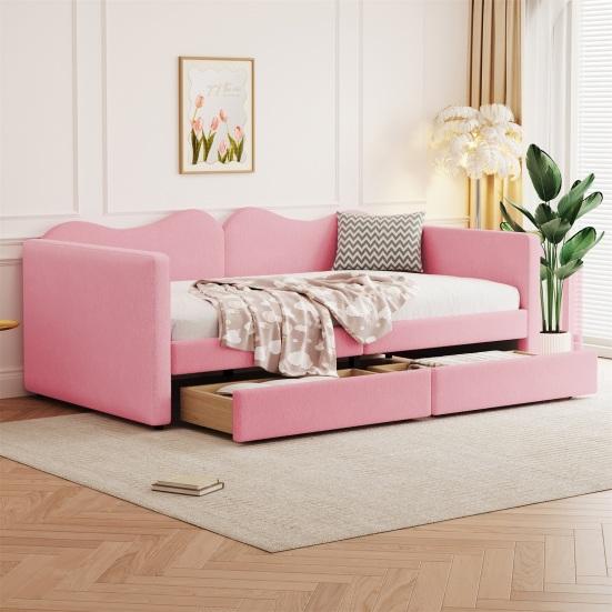 Fabric Cover Upholstered Bed with 2 Drawers Headboard Backrest Armrests Strong Wood Slat Support Bed Home Furniture