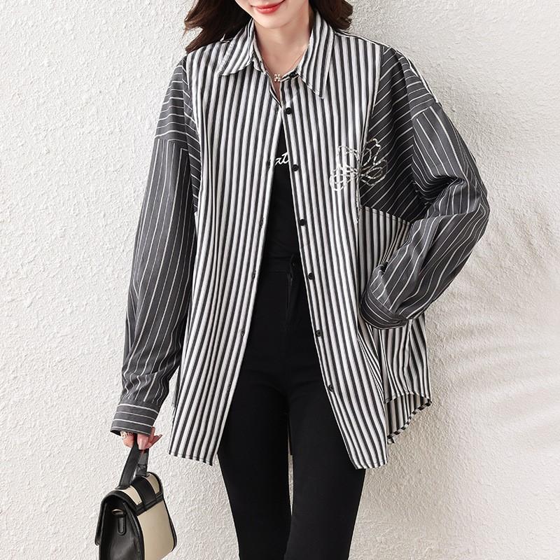 Johnature Spring Autumn Polo Neck Stripe Stitched Long-sleeved Shirt Tops Casual Simple Loose Irregular Women Tops