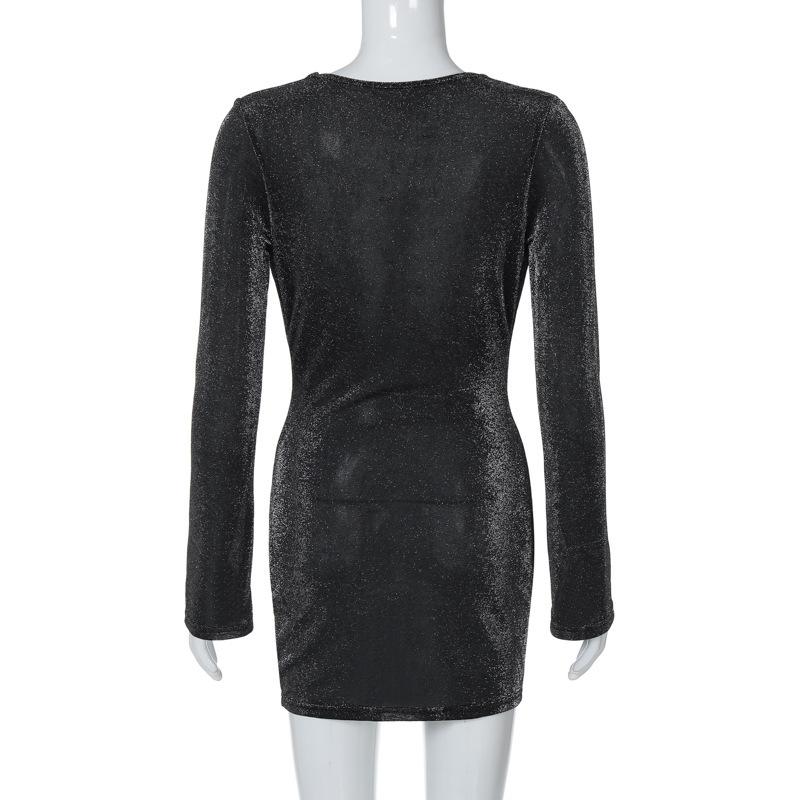 Abito da Donna Monocolore con Scollo a U Sovrapposto, Senso del Design, Temperamento, Slim, Maniche Lunghe