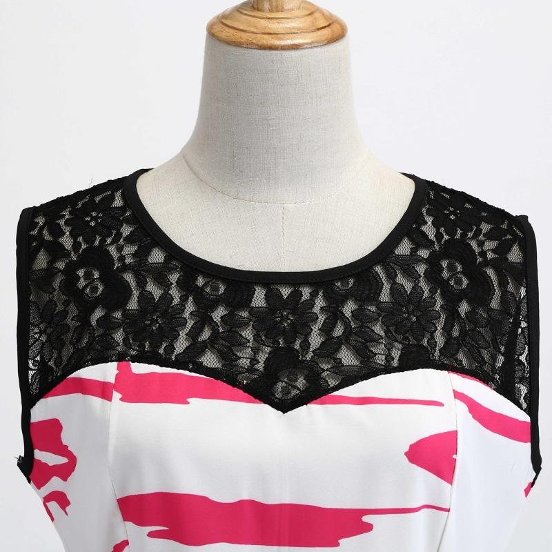 Summer Lace Crew Neck Sleeveless Printed Vintage Lace-Up Dress