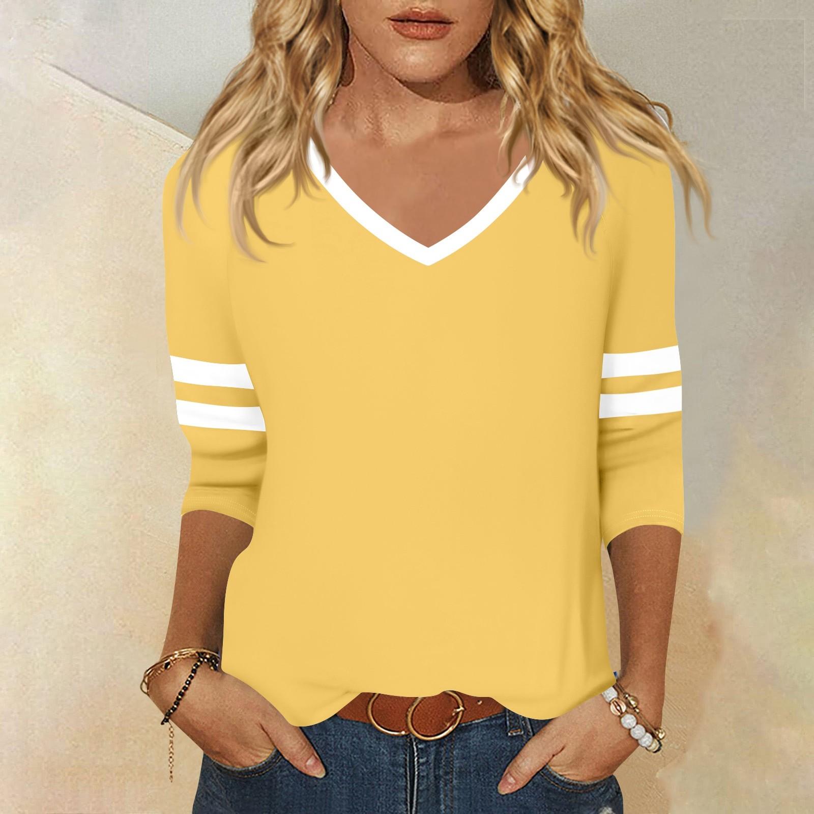 

Женская футболка с рукавом 3/4, повседневная, для выходных, модная, базовая, с V-образным вырезом, обычного кроя XL жёлтый
