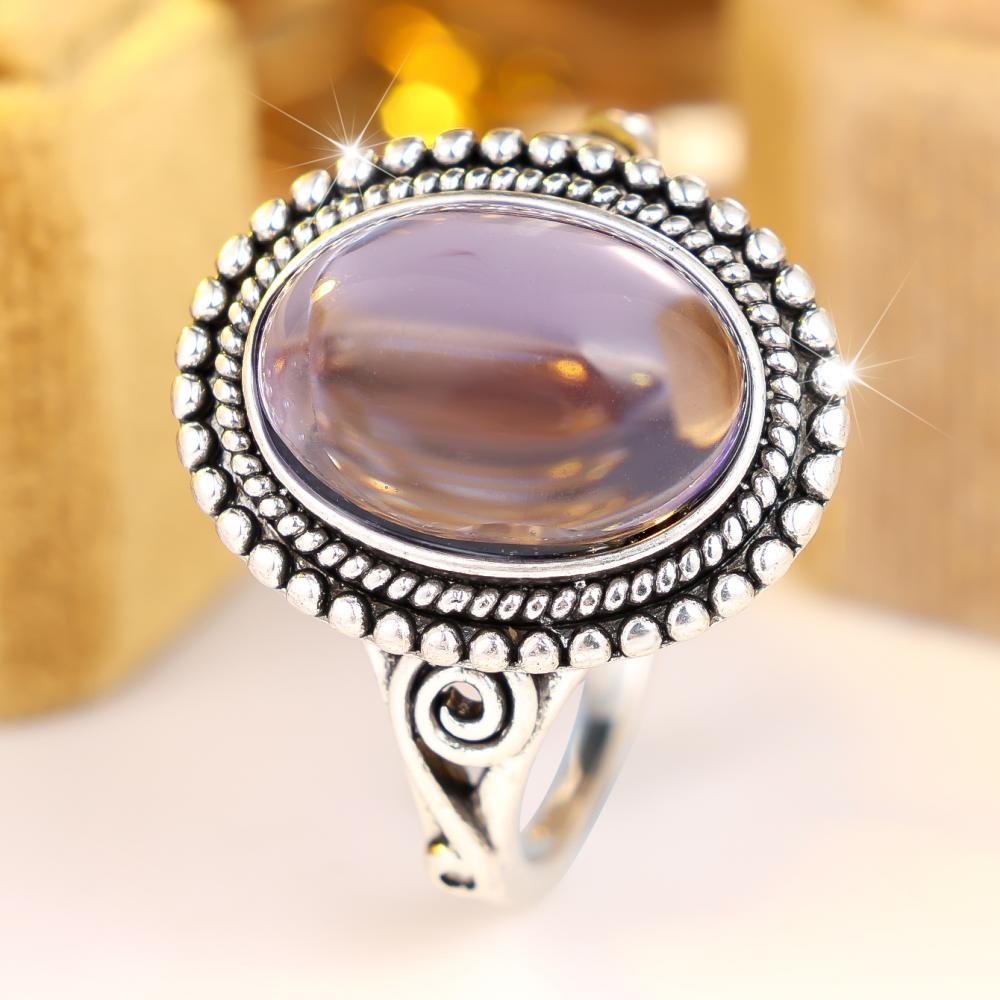 Vintage Silver Color Oval Beaded Stone Ring for Women Fashion Jewelry Gift for Wedding Party Daily