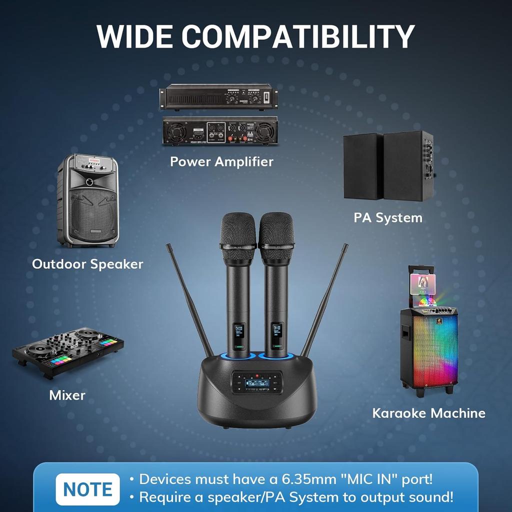 Bluetooth Wireless Microphones, Rechargeable UHF Cordless Microphone System for Home Party, Metal Dual Handheld for Home Karaoke, Church, Party