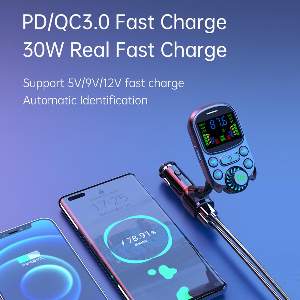 Renkli Araç Şarj Cihazı FM Verici Bluetooth Kablosuz Eller Serbest Ses MP3 Müzik Çalar PD Type-C QC 3.0 Hızlı Şarj Cihazı Aksesuarları