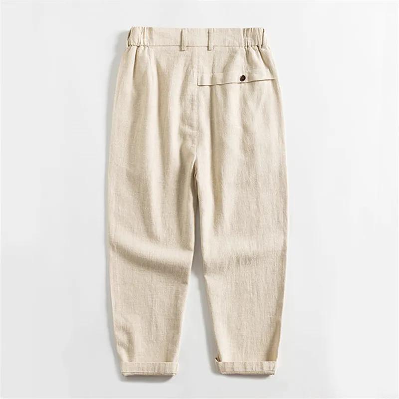 Pantalons Décontractés en Coton et Lin Printemps Été Hommes Couleur Unie Amples Droits Longueur Mollet Style Plage Respirants pour Hommes